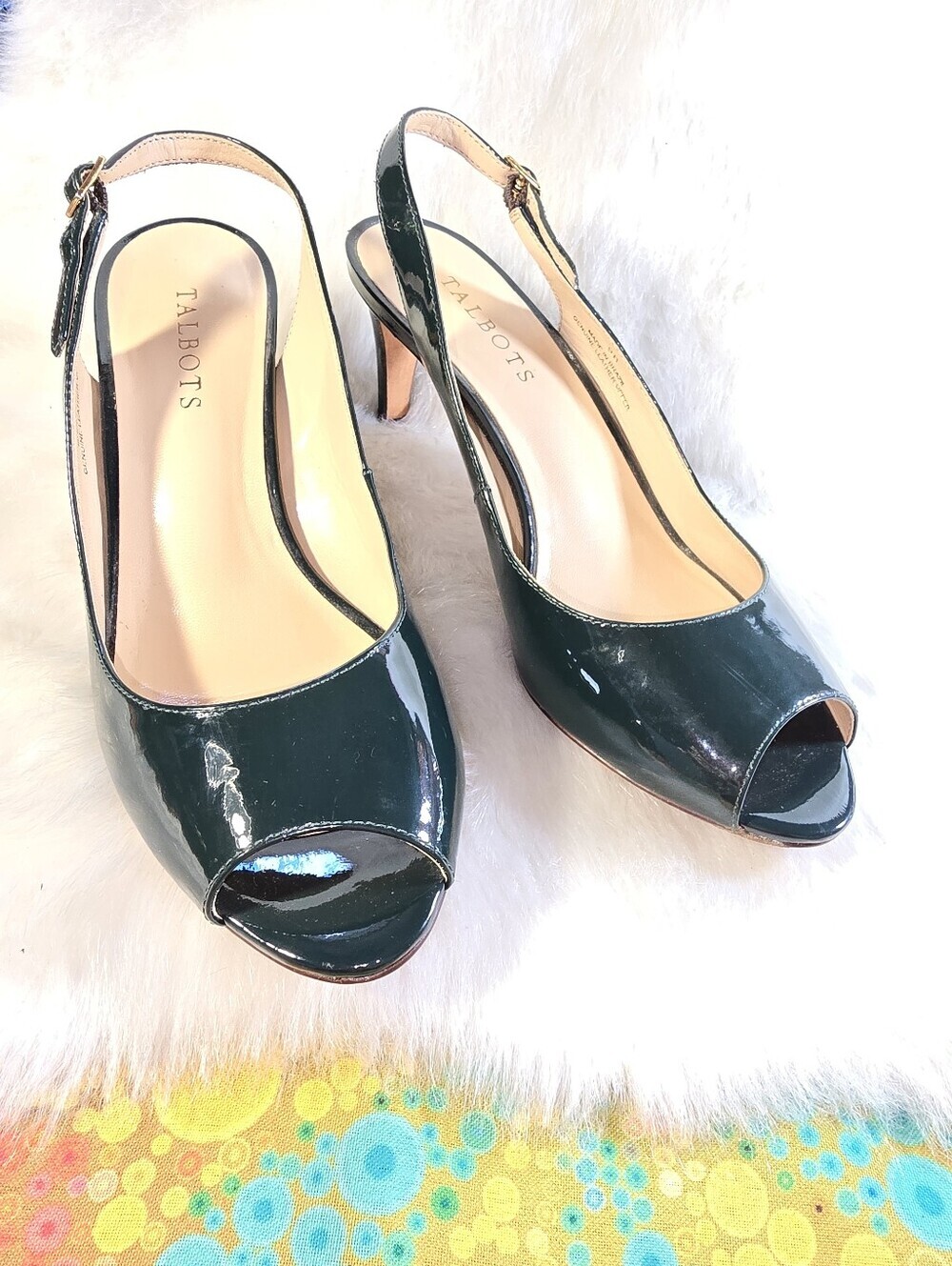 Talbots Women’s Forest Green Patent Slingback Peep-Toe Heels